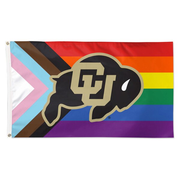 CU Buffaloes logo centered on Progress Pride flag background.